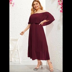 Plus Size SHEIN Burgundy Pleated OffShoulder Dress